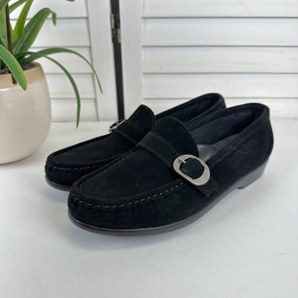 SAS Lara Loafer Black Suede‎ Leather Slip On Comfort Shoe Buckle Strap Size 8 M - Picture 1 of 9